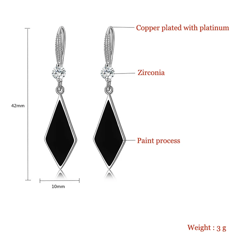 Fashion Black Rhombus Drop Earrings Cubic Zircon Stone Ear Piercing Hook Female Dangle Earring Trendy Wedding Jewelry For Women