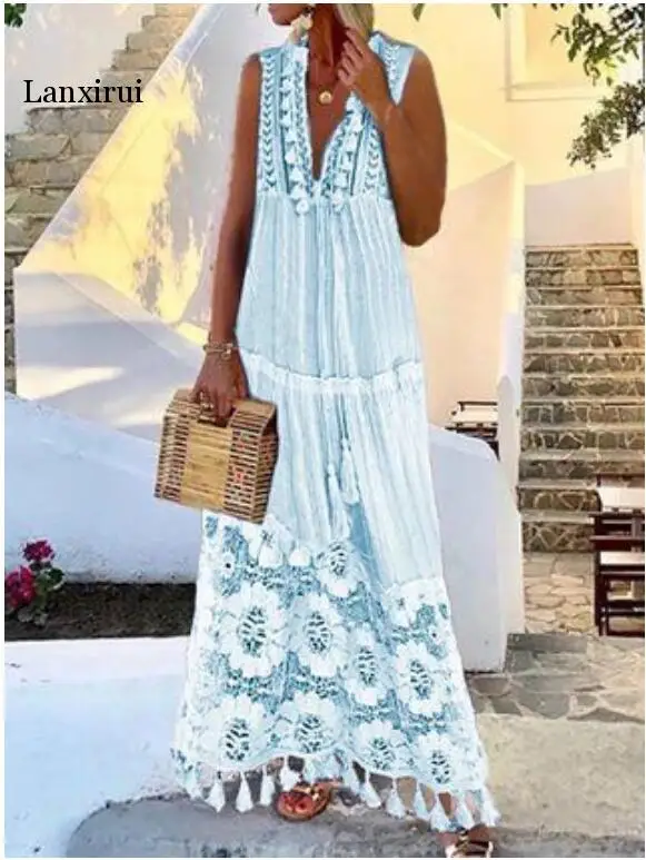 

Women's Dress Casual Bohemian Large Size V-neck Solid Color Lace Tassel Long Dress Cool Summer vestido de mujer robe New