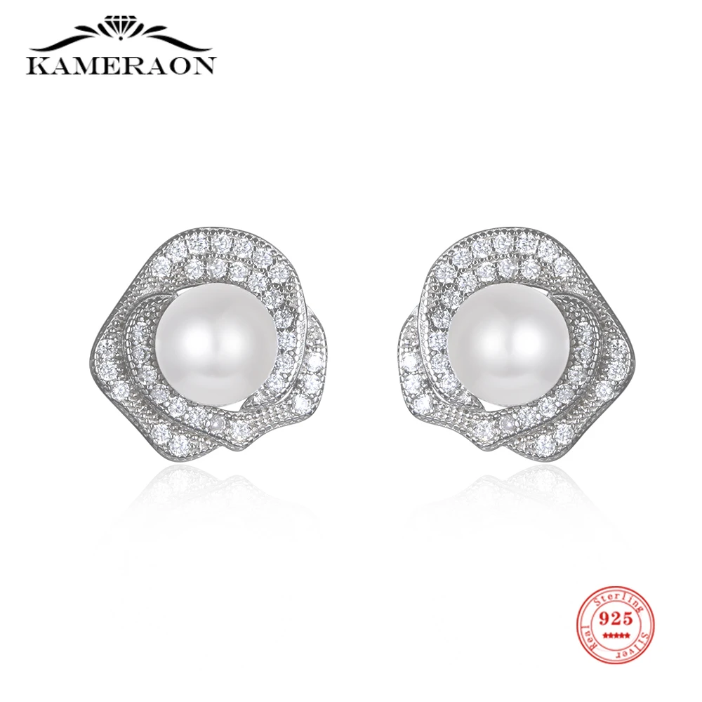 100% 925 Sterling Silver Stud Earrings Zircon Rose Shaped with Shell Simulated-pearl Earrings Exquisite Stylish Fine Jewelry