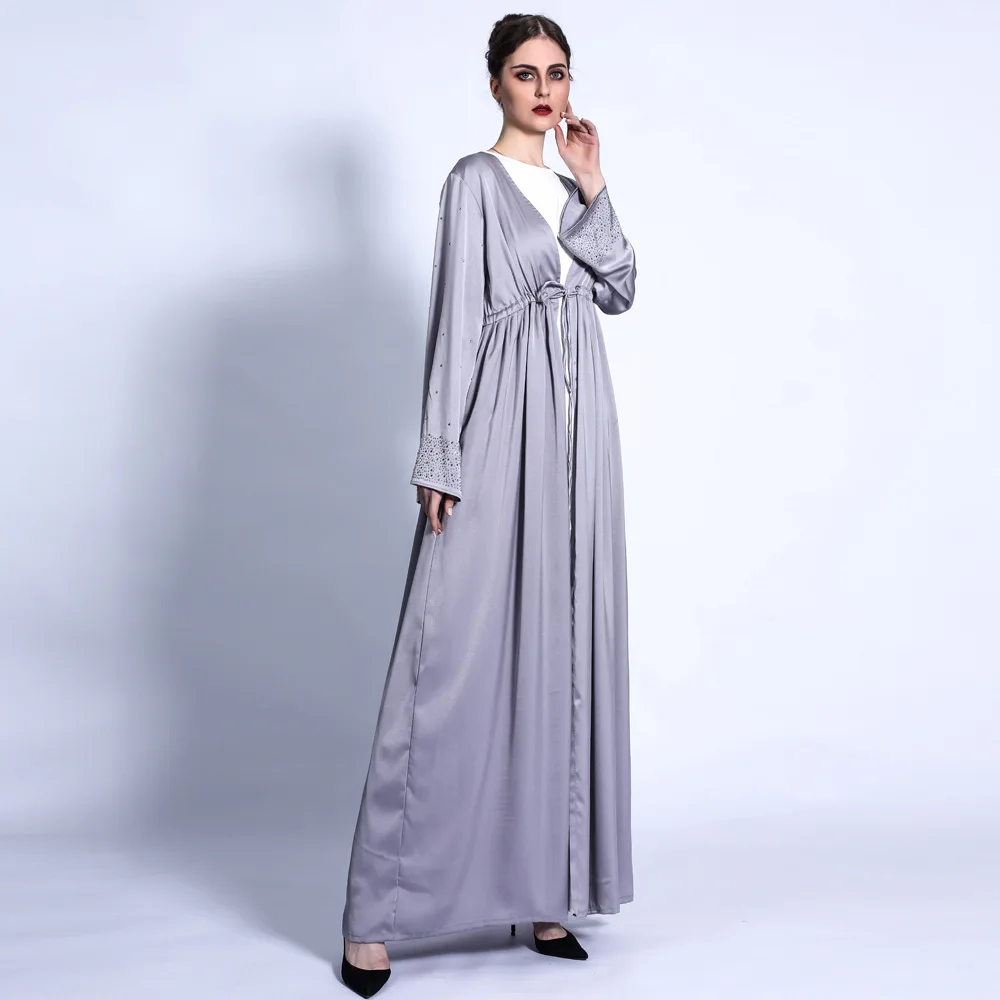 ชุดกิโมโนผ้าซาตินแบบเปิดสไตล์ดูไบ อาบายะตุรกี คาฟตัน ชุดมุสลิมสำหรับผู้หญิง เสื้อคลุมแบบอิสลาม ชุดสำหรับวันอีดและรอมฎอน ชุดคลุมยาวแบบจาลาบียะ