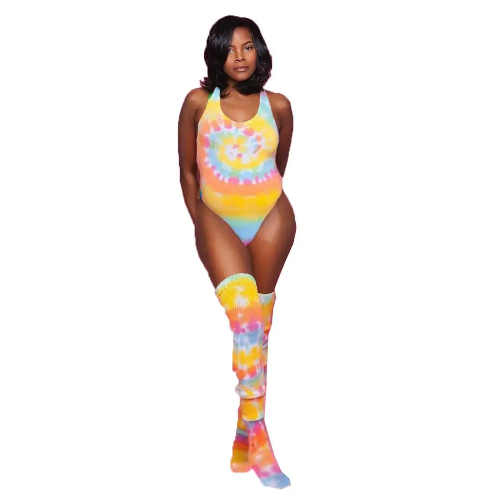 BKLD-body Sexy con estampado Tie-Dye para mujer, ropa sin mangas con cuello en V, monos ajustados de una pieza con calcetines, ropa de fiesta para