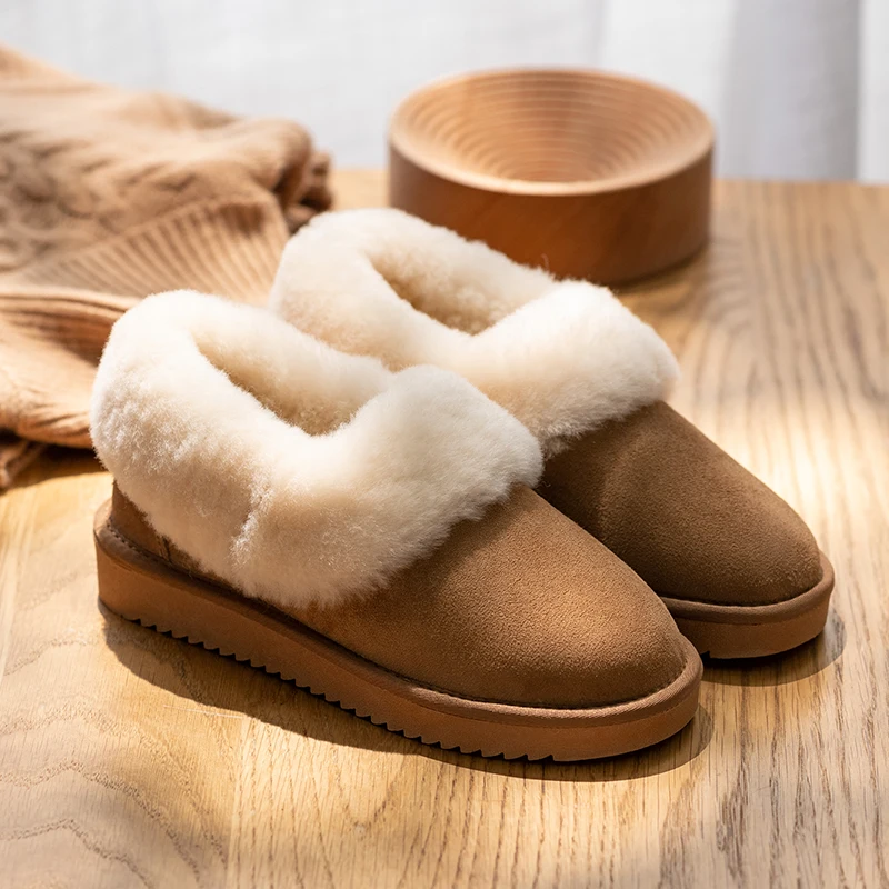 NEW style mini winter shallow snow boots women waterproof sheepskin leather natural wool fur lined ankle warm flat shoes 35-44