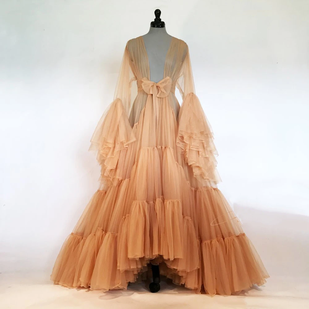 Vedi attraverso Tulle abito da sposa illusione Sexy maniche a tromba abito estivo lungo per fotografia abito da donna incinta increspato