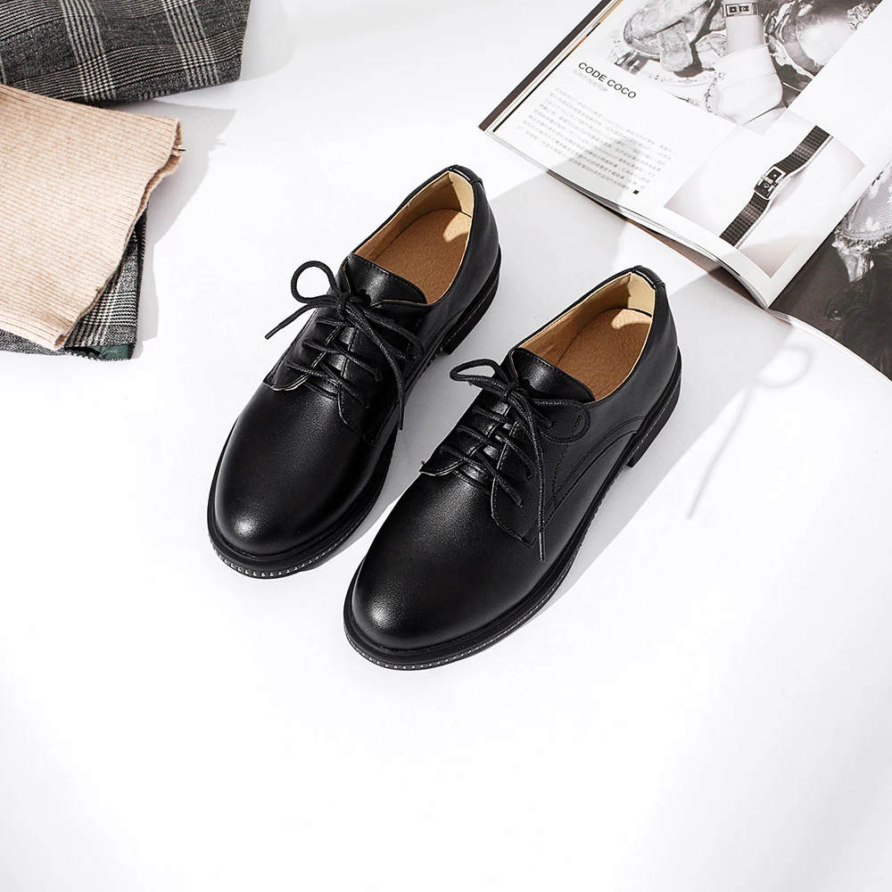 Spring Autumn Women Martin Oxfords Flat Shoes PU Leather Lace UP Round Toe Moccains Black Derby Ladies Casual Shoes femme 32 43