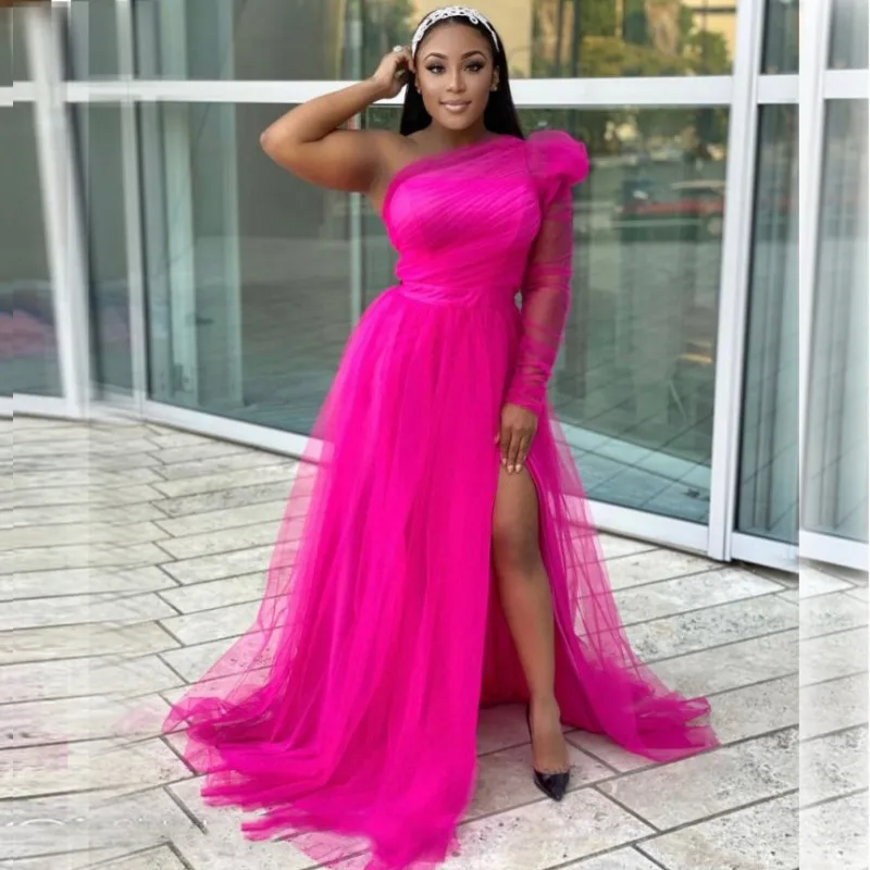 Bright Fuchsia Evening Gown Illusion Sleeve Long Split Tulle Robe De Soiree African Prom Dresses Mesh Vestidos Festa