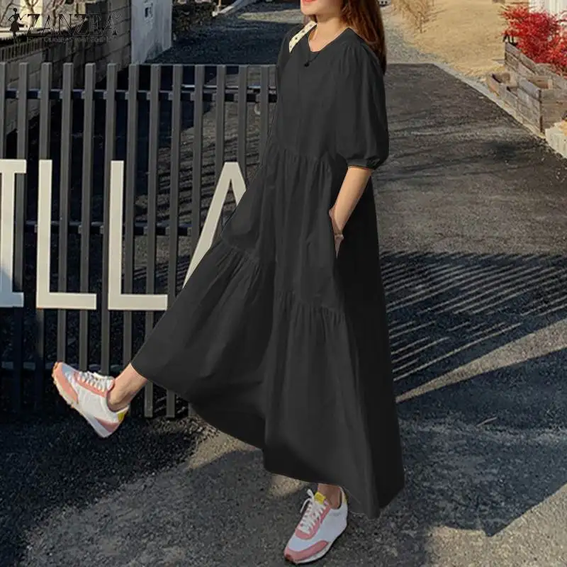 ZANZEA Stylish Puff Sleeve Dress Women Summer Sundress 2023 Solid Ruffle Maxi Vestidos Female High Waist Casual Robe