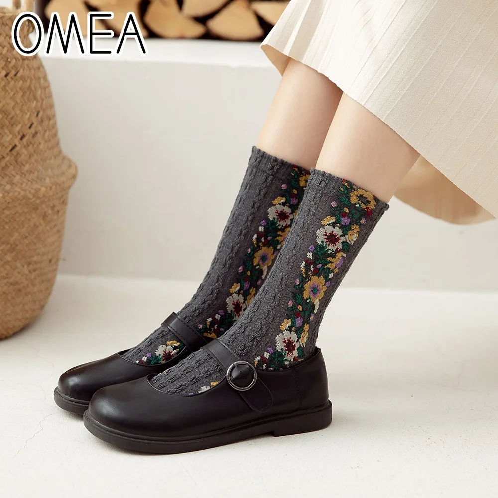 OMEA Retro Perempuan Kaus Kaki 5 Pasang Folk-Custom Kapas Bernapas Musim Semi Kaus Kaki Panjang Bunga Academic Style Bohemian Kaus Kaki Tinggi kualitas