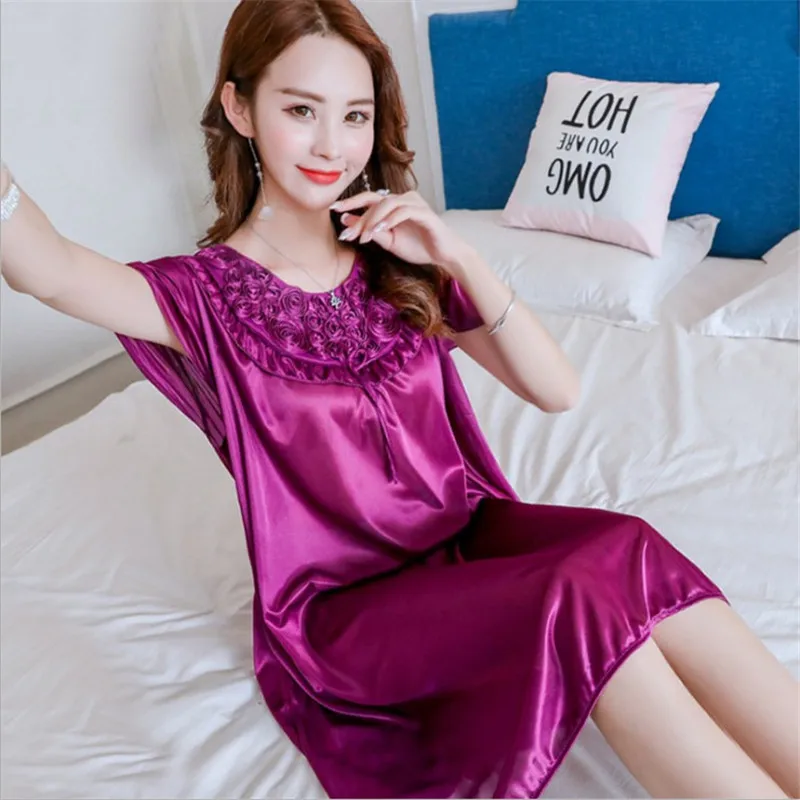 Women Nightgowns Sexy Satin Silk Soft Nightwear Plus Size S-XL Lace Sleepwear Dress Sexy Lingerie Robe Mini Homedress Nightdress