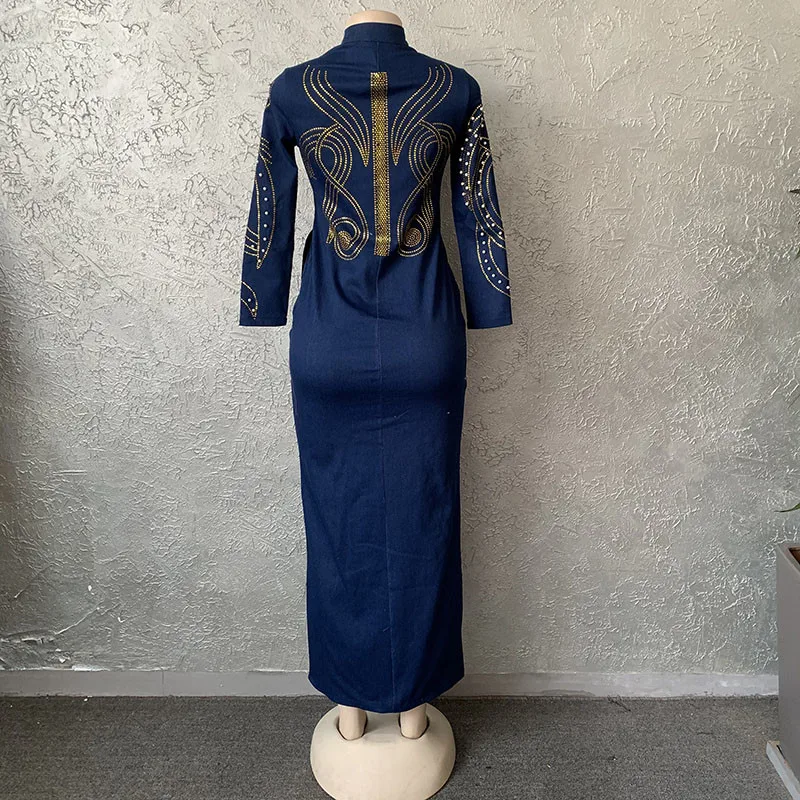 HOUSEOFSD High Quality Long Sleeve Jeans Dress African Women Fashion Zipper Beading Denim Maxi Dresses