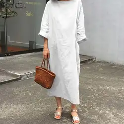 ZANZEA Autumn Women Casual Kaftan O neck Long Sleeve Dresses Oversized Cotton Linen Sundress Elegant Robe Solid Party Vestidos