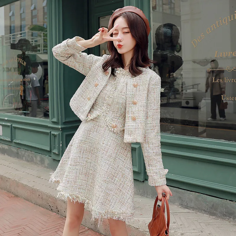 BLLOCUE 2023 Autumn Winter Runway Tweed 2 Piece Set Dress Designer Women Short Jacket Coat + Mini Tank Sexy Wool Blend Dress