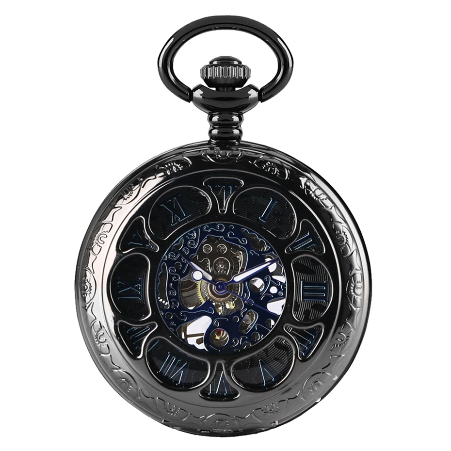 Corrente de relógio topo luxo preto caso oco azul esqueleto número romano dial design steampunk relógio de bolso mecânico presentes