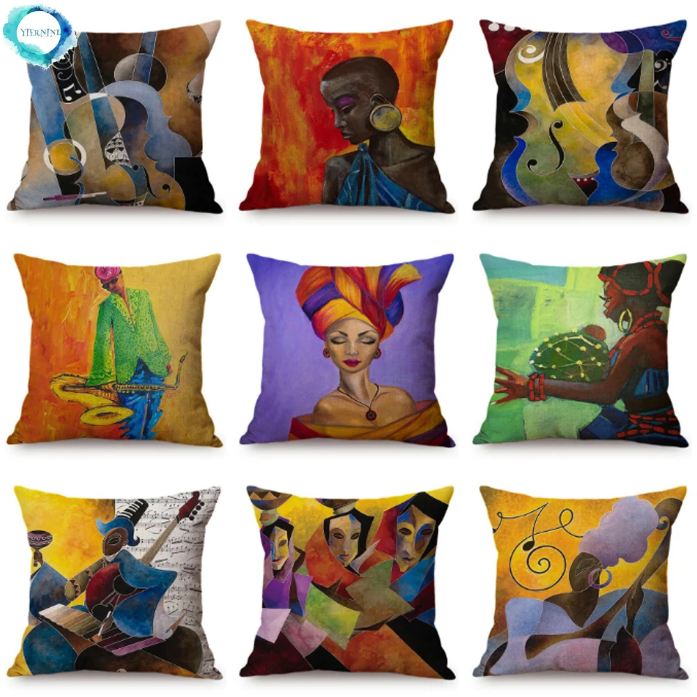 Africa Culture African Woman Cotton Linen Cushion Cover Colourful Abstract Music Artist Art Decor Throw Pillow Case Decorative