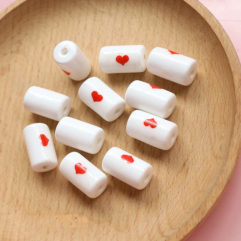 10pcs 10x17mm Cylinder Red Heart Ceramic Beads For Jewelry Making DIY Loose Spacer Tube Ceramics Bead Fit Bracelet Necklace