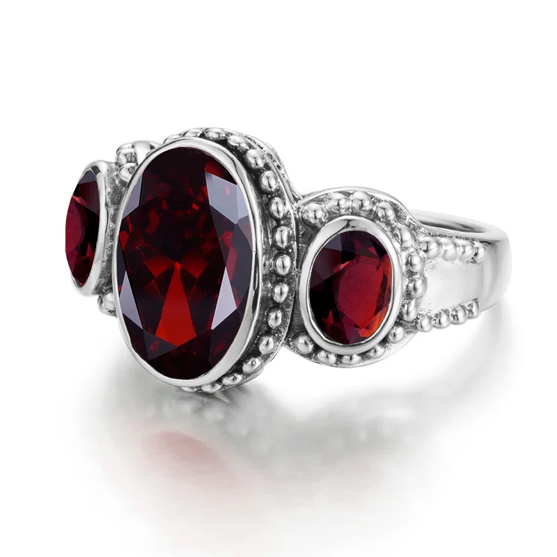 Red Stone Sterling Silver Rings 925 Garnet Gemstones White Gold Ring For Women Platinum Trendy Oval Fine Jewellry High Quality