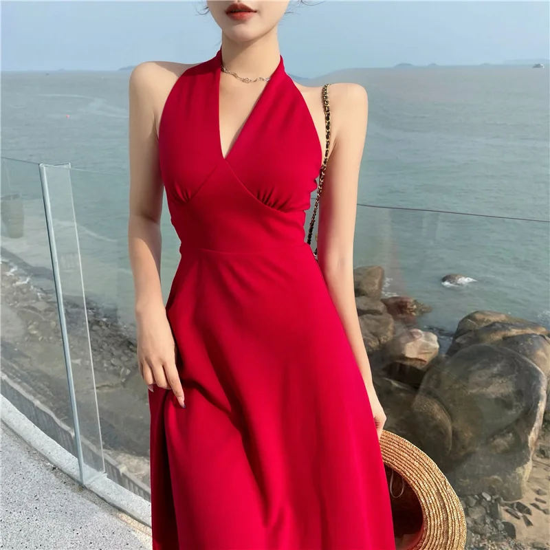 Retro Sleeveless Halter Party Full Dress Women 2021 Summer Slim Sexy Vintage V-neck Club Bodycon Dress Ladies French Long Dress