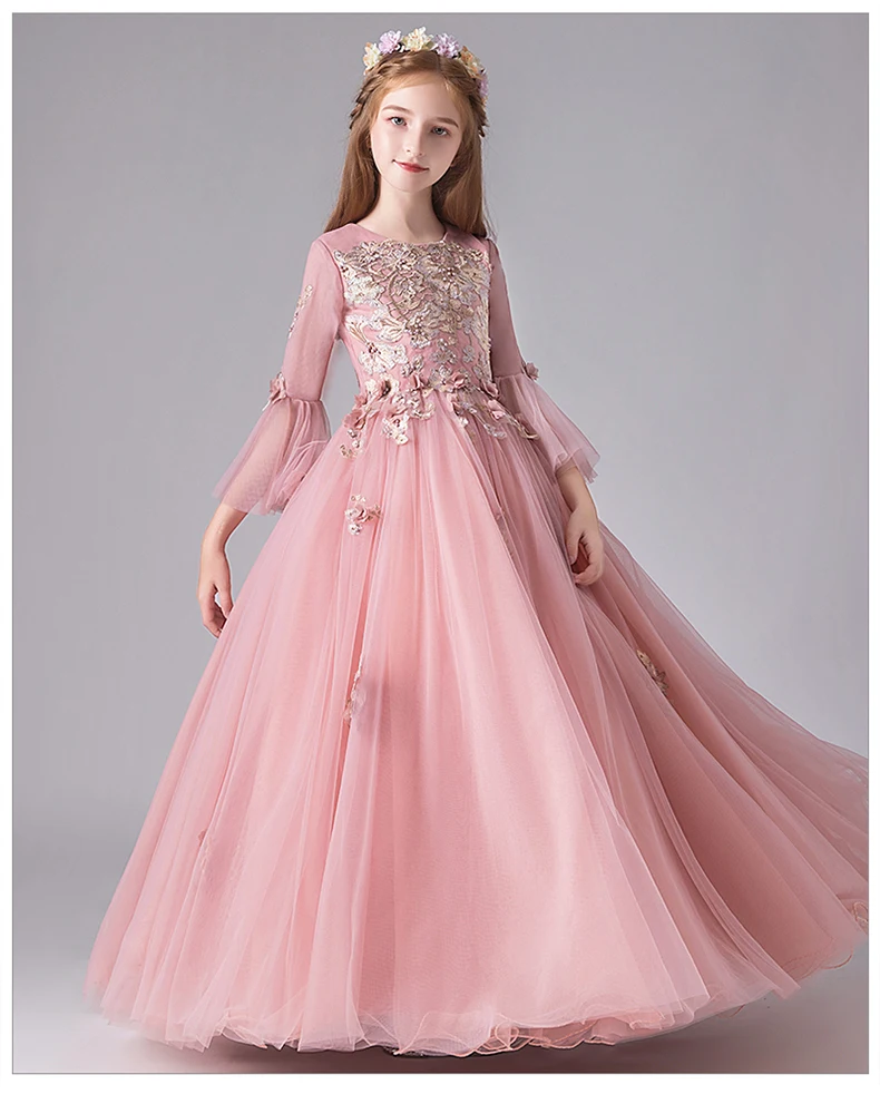 Pink Lace Kids Bridesmaid Flower Girl Dresses for Party Wedding  Flare Sleeve Pageant Princess Dress Kids First Communion Gown