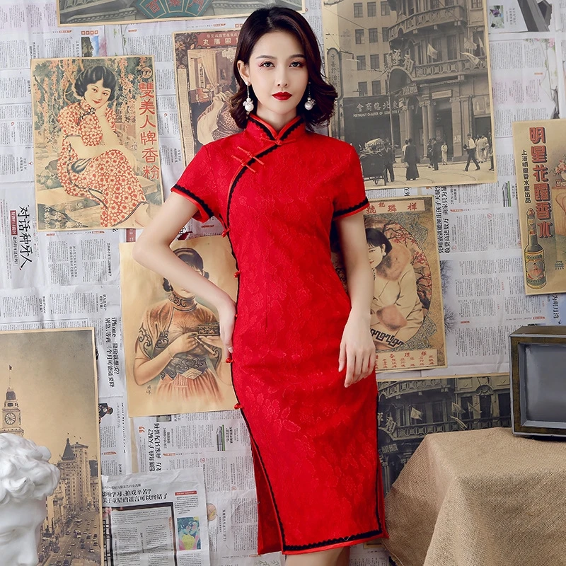 Traditional Qipao Chinese Cheongsam Autumn Lace Dress Handmade Button Elegant Vintage Women Long Dresses Sexy Red Green Purple