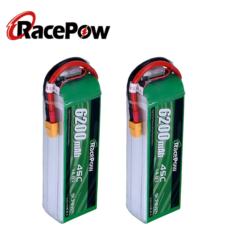 RacePow RC Lipo Battery 14.8V 45C 6200mAh 4S with XT60 Plug for Traxxas RC Car Tank Drone Quadcopter Airplane Helicopter 2 units