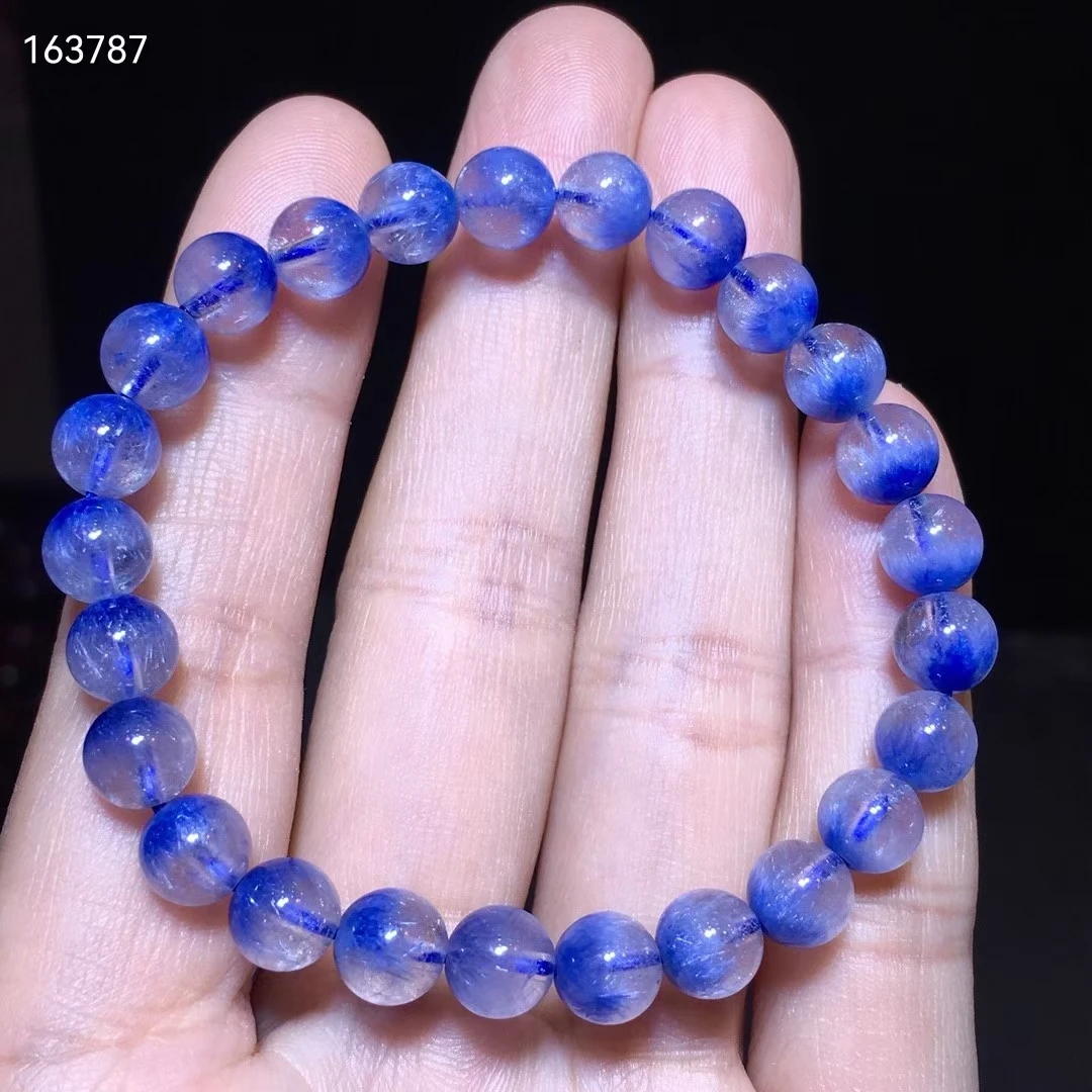 Natural Blue Dumortierite Quartz Rutilated Quartz Crystal Bracelet 7.3mm Women Men Gemstone Round Beads Rare Reiki Stone AAAAA