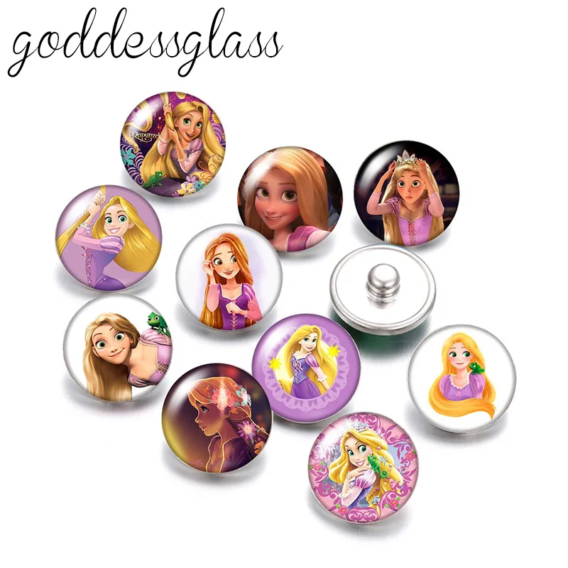 

Tangled Rapunzel Princess long hair 10pcs Round photo glass 12mm/18mm snap buttons for 18mm snap bracelets jewelry wholesale