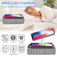 Electric Led Alarm Clock With Phone Wireless Charger Desktop Digital Date Thermometer Time Display HD Clock Mirror Table Clock