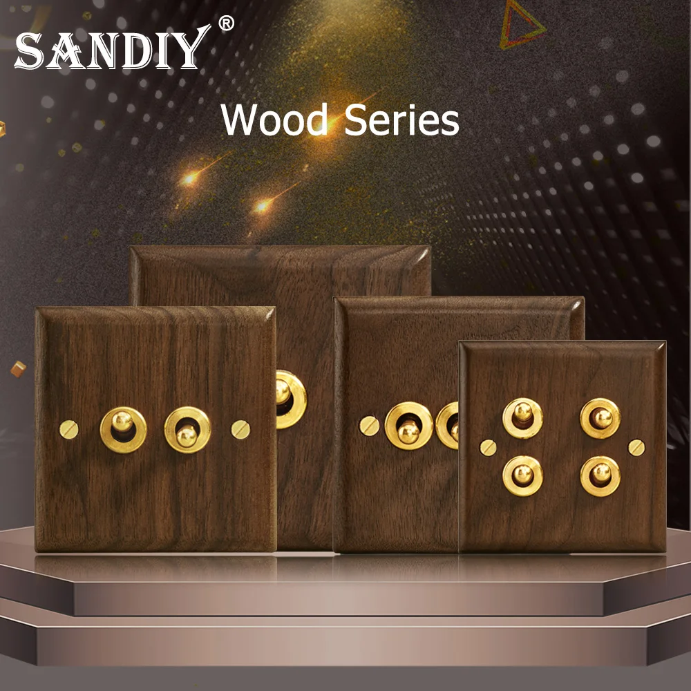 Wall Switch Retro Toggle Light Switch Black Walnut Solid Wood panel Brass Lever Antique Personality Creative Switches for Home