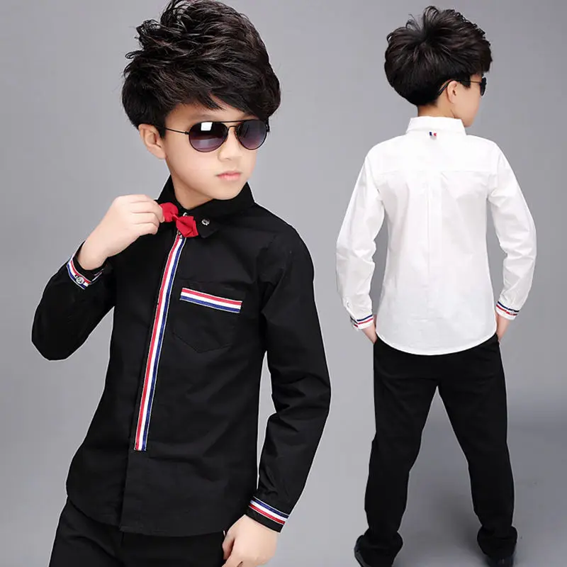 Teenage Boys Shirts Spring Cotton Long Sleeve Solid Shirt Kids White&Black Tops Teen School Bow Clothes 6 10 13 16 boy clothes