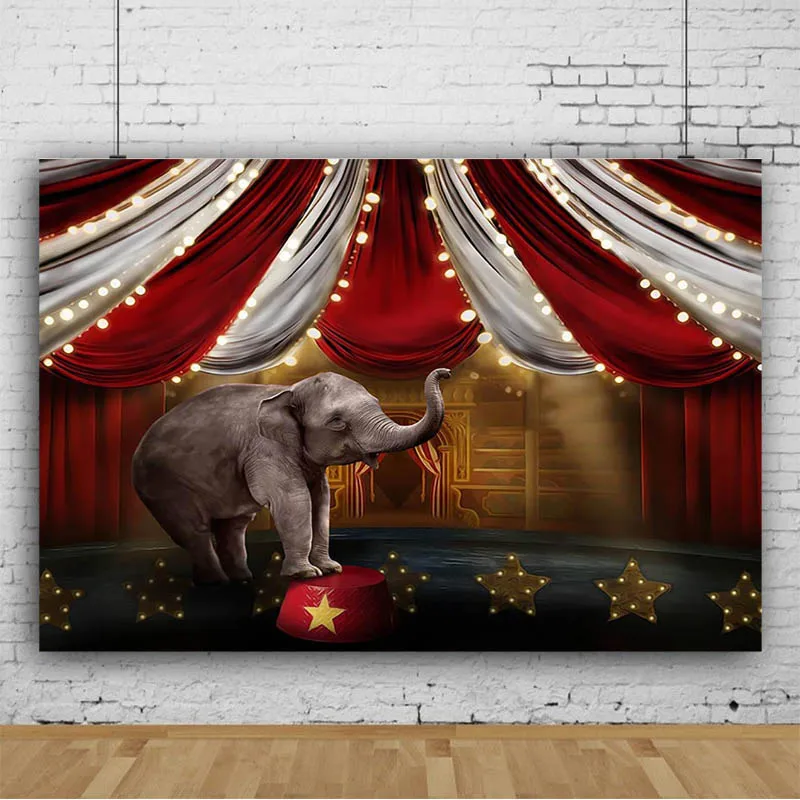 Mocsicka-Fondo de circo con elefante, fiesta de cumpleaños, estudio de fotografía, tienda de campaña a rayas rojas y blancas, fondo fotográfico, pastel de bebé