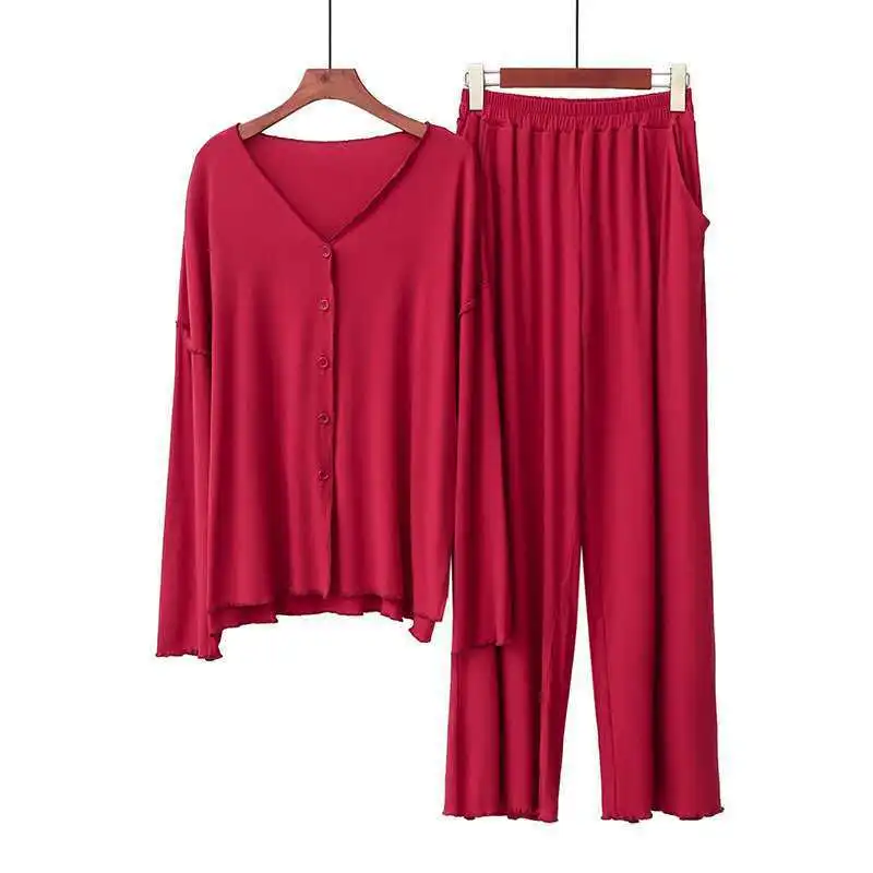 

Modal Female Nightgown Sexy Pajamas Suit 2PCS Red Nightwear Sleepwear Casual Shirt&Pants Pyjamas Sets Spring Home Clothing