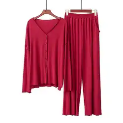 Modal Female Nightgown Sexy Pajamas Suit 2PCS Red Nightwear Sleepwear Casual Shirt&Pants Pyjamas Sets Spring Home Clothing