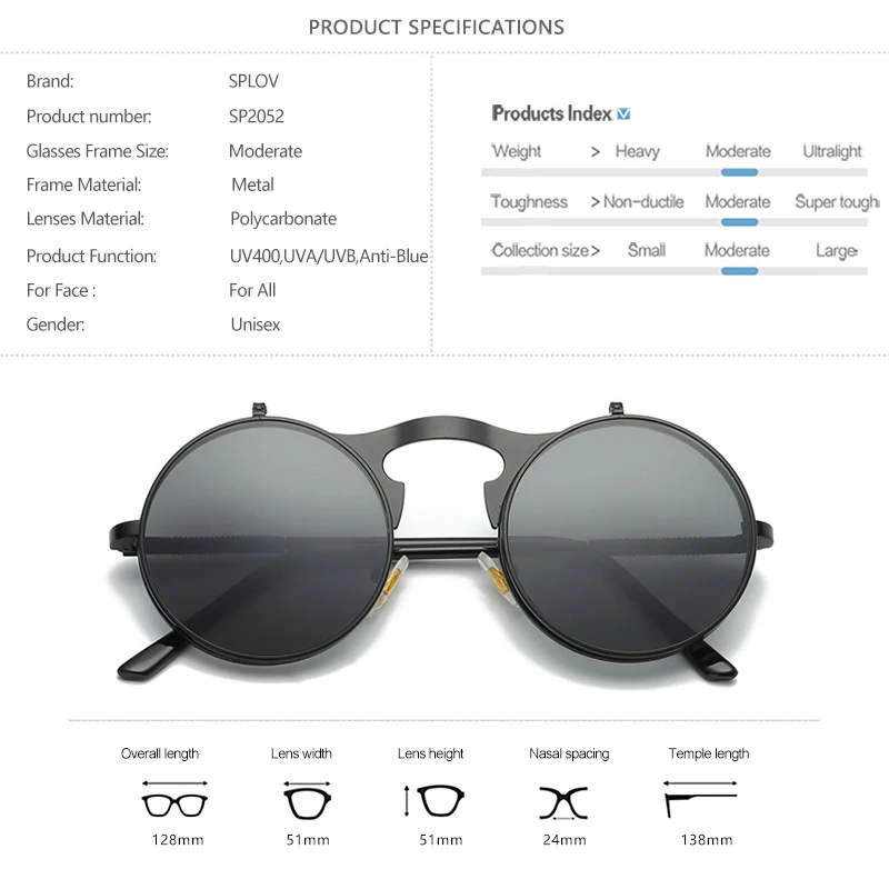 SPLOV Vintage Steampunk Flip Up Men Sunglasses Women Retro Round Metal Frame Sun Glasses Hinge Design Curved Glasses Legs UV400