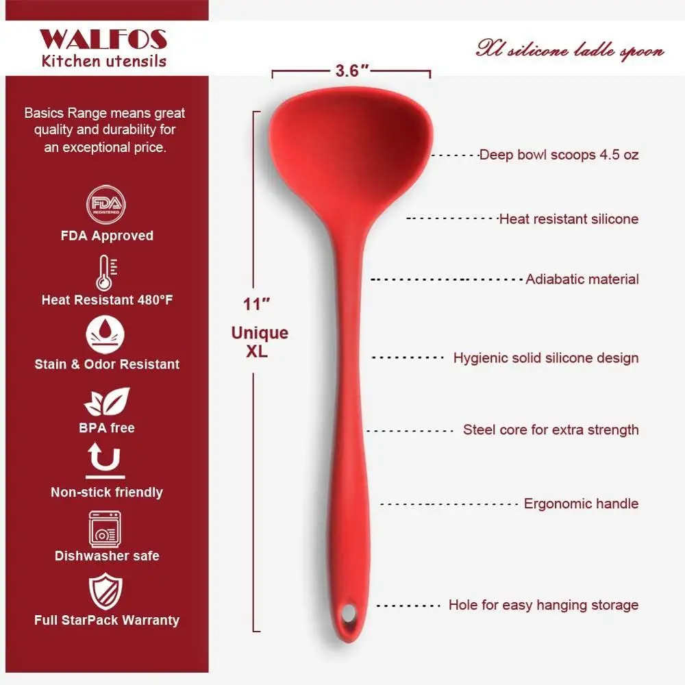 WALFOS 1Pcs Non-Stick Silicone Soup Spoon Long Handle Porridge Spoon Ladle Tableware Meal Dinner Scoops Kitchen Cooking Tools