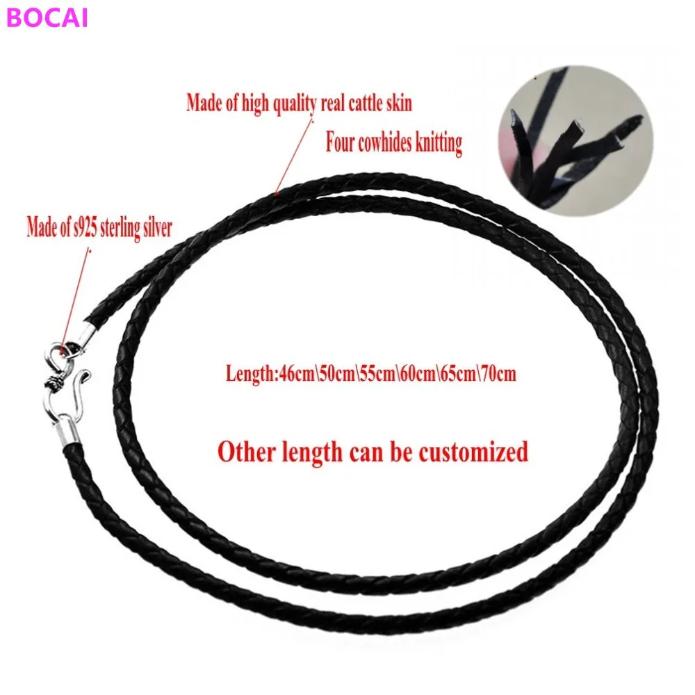 BOCAI S925 Sterling Silver Buckle Necklace Leather Rope Woven Black Cow 2023 New Fashion Jewelry for Men Women