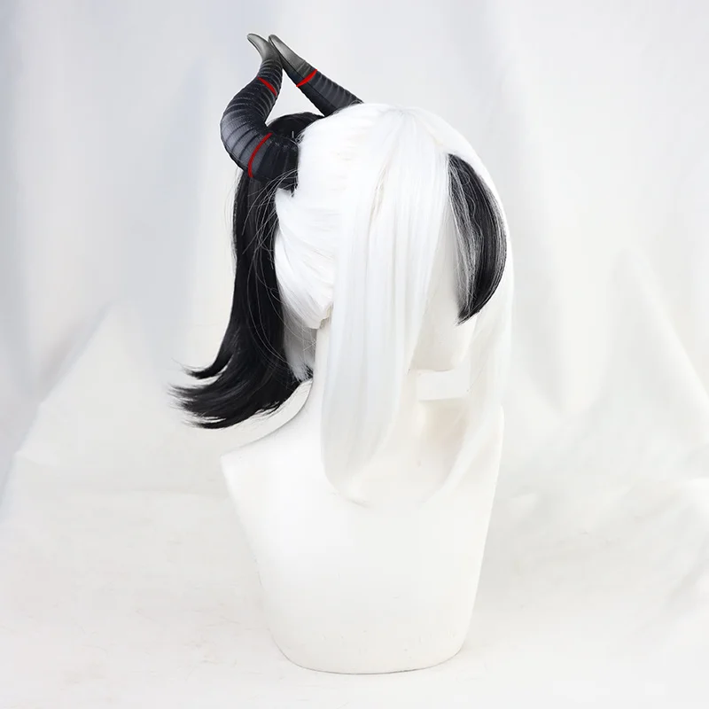 Blue Archive Onikata Kayoko Cosplay Wig White Base Wig Black Ponytail Horns Heat Resistant Hair