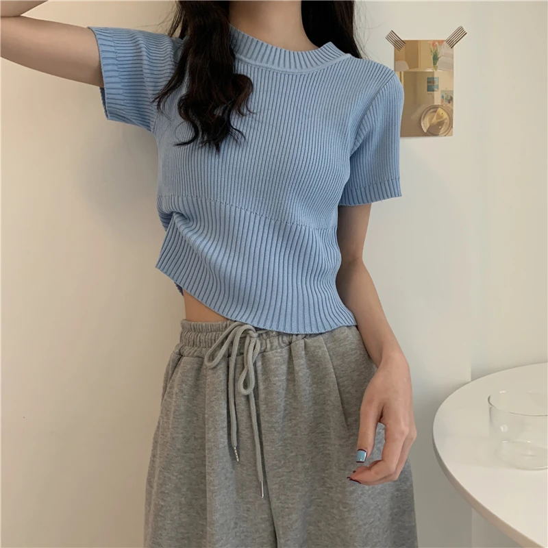 

Woman T-shirts Korean Fashion Women's Tee Shirt O-neck Short Sleeve Slim Candy Color Knitted Crop Tops Bodycon Soft Tshirts