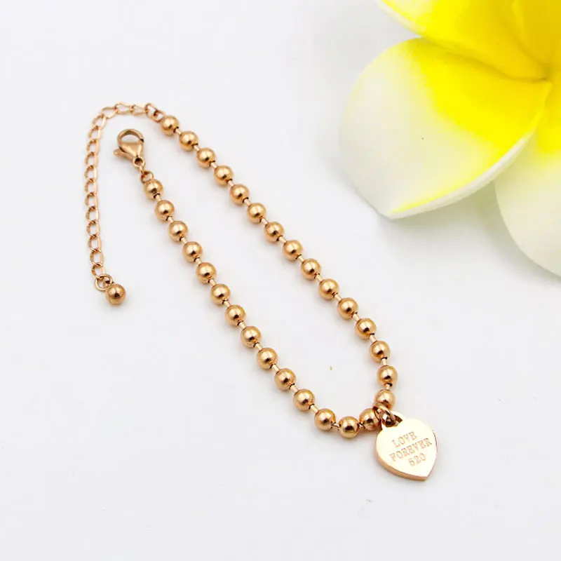 Beaded Chain Engrave Forever Love Heart Charm Anklet For Women Girls Stainless Steel Rose Gold Silver Color Fashion Anklet