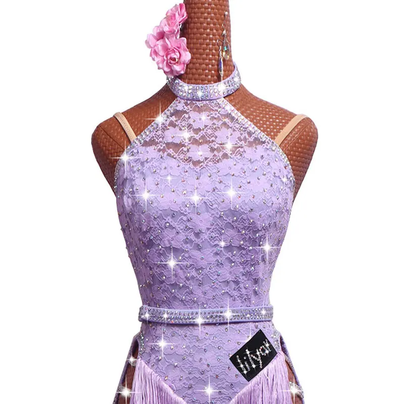 New Latin Dance Dress Competition Dress Costumes Skirt Performing Dress Rhinestones Adult Customize Children Purple Tassel Skirt