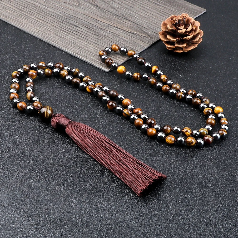 New Charm 108 Beads Tassel Necklace High Quality 6MM Tiger Eye Hematite Knotted Bracelet Luxury Meditation Bangles Jewelry Gift