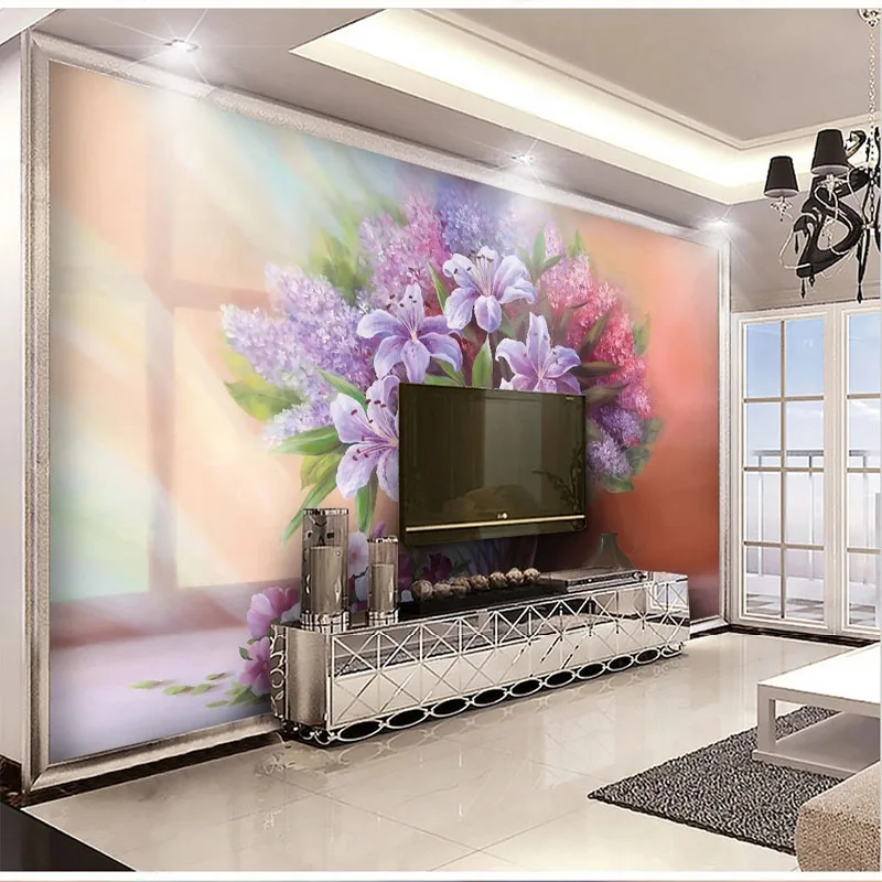 

Custom Self-Adhesive Wallpaper 3D Oil Painting Lily Lavender Living Room TV Sofa Bedroom Background Wall Papers Murales De