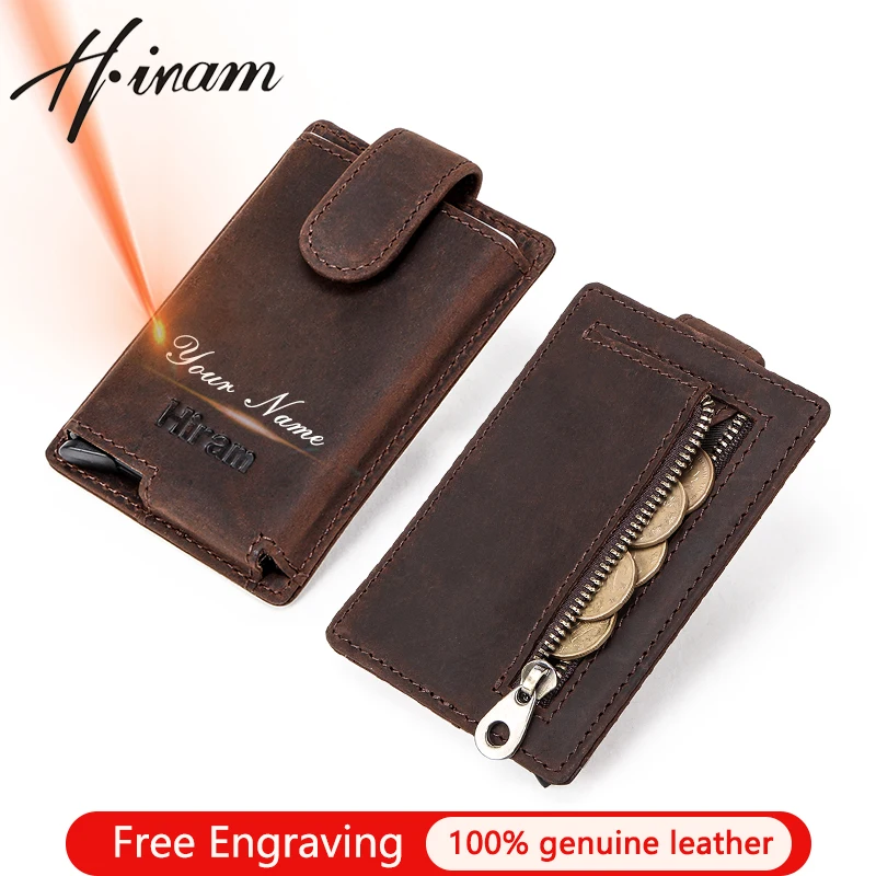 Hiram Credit Card Holder Men Metal RFID Vintage Aluminium Box Crazy Horse Leather Card Wallet Small Coin Purses ID Card Case