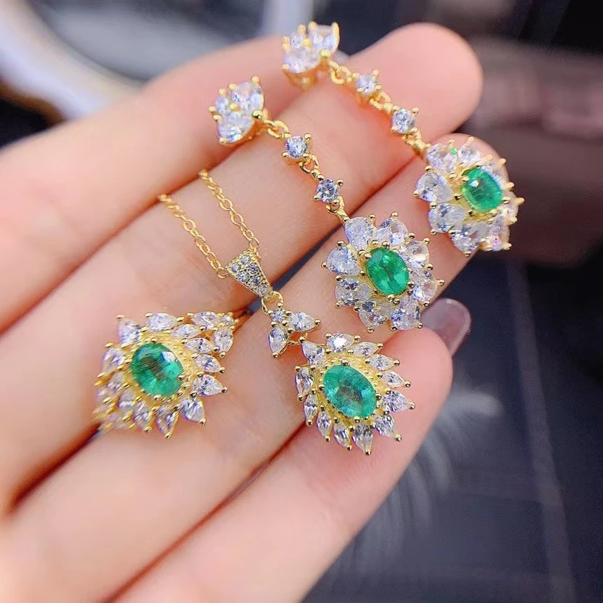 Fine Jewelry 925 Pure Silver Natural Gem Women's Popular Classic Flower Emerald Set Gift Birthday Party Wedding Engagement Chris