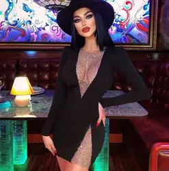 High Quality Black Sexy Deep V Neck Mesh Hollow Out Full Sleeve Mini Bandage Dress 2021 Celebrity Fashion Party Dress Vestios