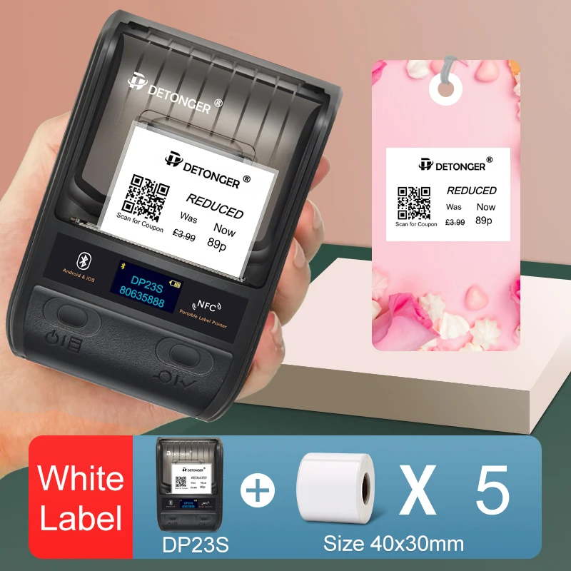 DETONGER DP23S 20-50mmThermal Label Printer Plus 5 Rolls Paper Multifunctional Mini Adhensive Hand Barcode Sticker Maker