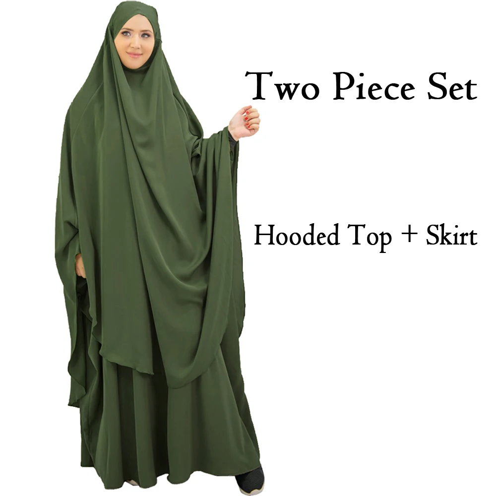 Islamic Two-Piece Prayer Outfit Muslim Women Abaya Robe Hijab Dress Hooded Top Skirt 2 PCS Prayer Set Long Khimar Hajj Ramadan