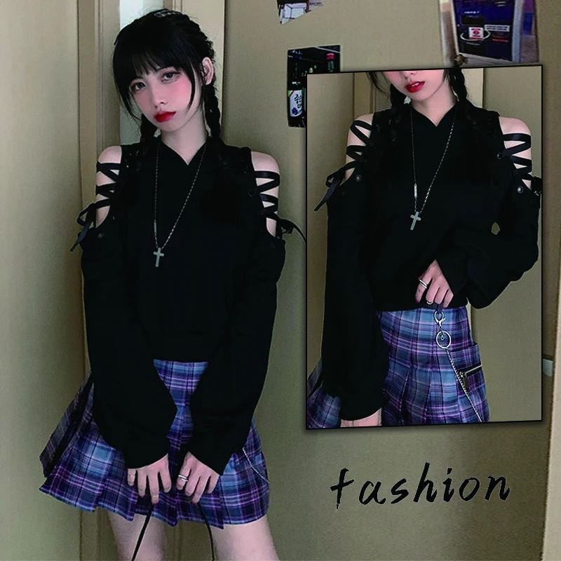 Kawaii Gothic Punk Cat Hoodie Black Sweatshirt Harajuku Lace Up  Cat Ear Long Sleeve Sweatshirt Hooded Pullover