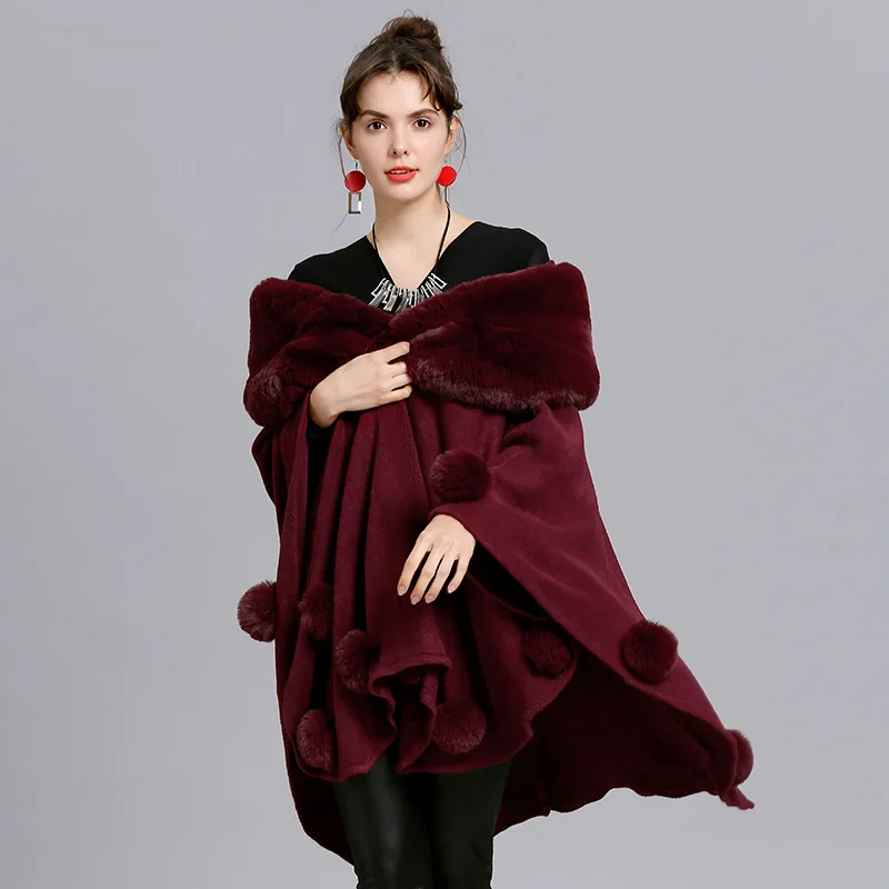 2022 Big Faux Fox Fur Neck Shawl Cape With Fur Ball Poncho Cloak Women Winter Warm Thick Out Streetwear Cardigan Loose Coat