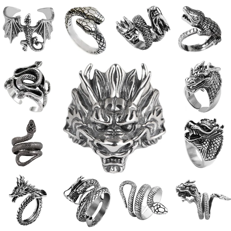 Ring for Women Girls Dragon Snake Fashion Men Jewelry Vintage Ancient Silver Color Punk Hip Hop Adjustable Locomotive Ring