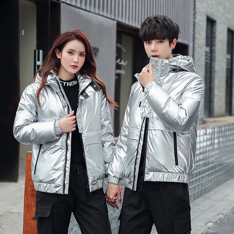 

Winter Couple's Puffer Jackets Short White Duck Down Coats For Men & Women Hooded Warm Shining Streetwear Lovers Parkas JK-919