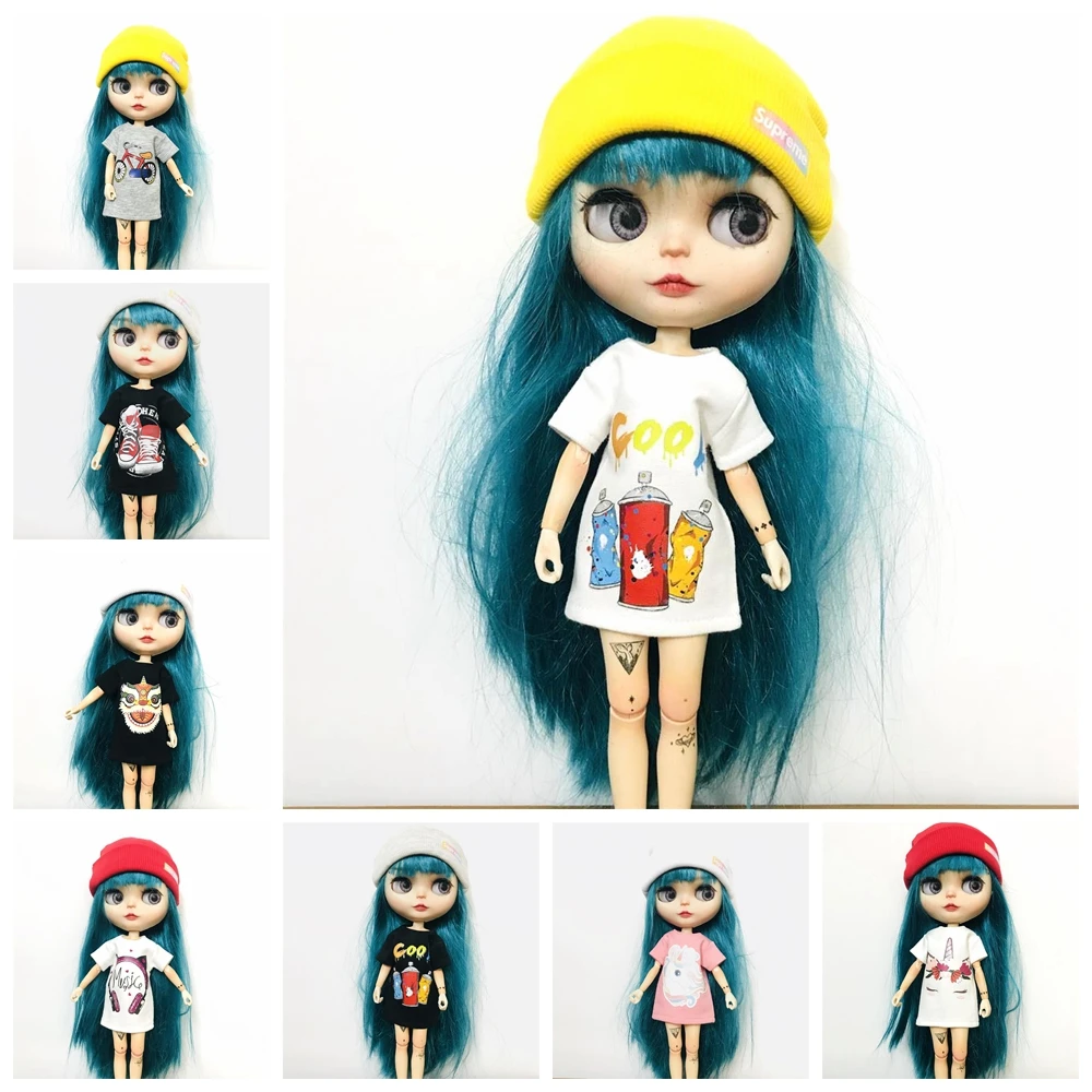 2pcs/Set Cool Blyth Clothes Classic Short-Sleeved Long T-Shirt White/Black/Pink Print Suitable for 1/6  Licca Momoko Dolls